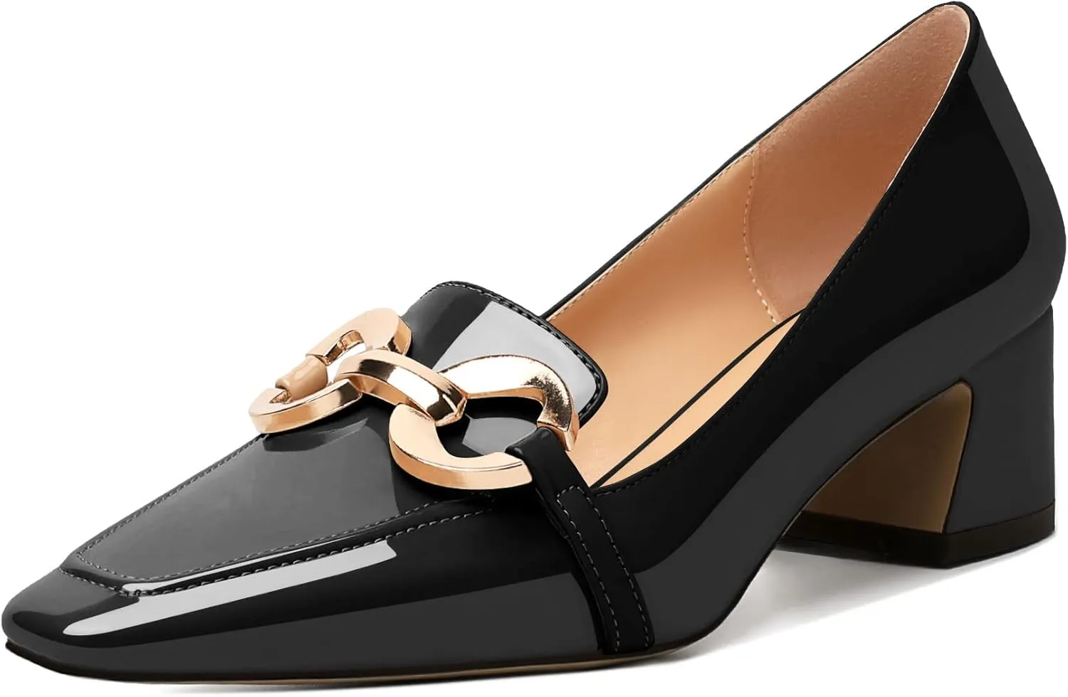 AUMOTED Women's Heels Chunky Low Block Square Toe Dress Shoes with Gold Metal Chain Wedding Party Office Patent Summer Comfortable Pumps