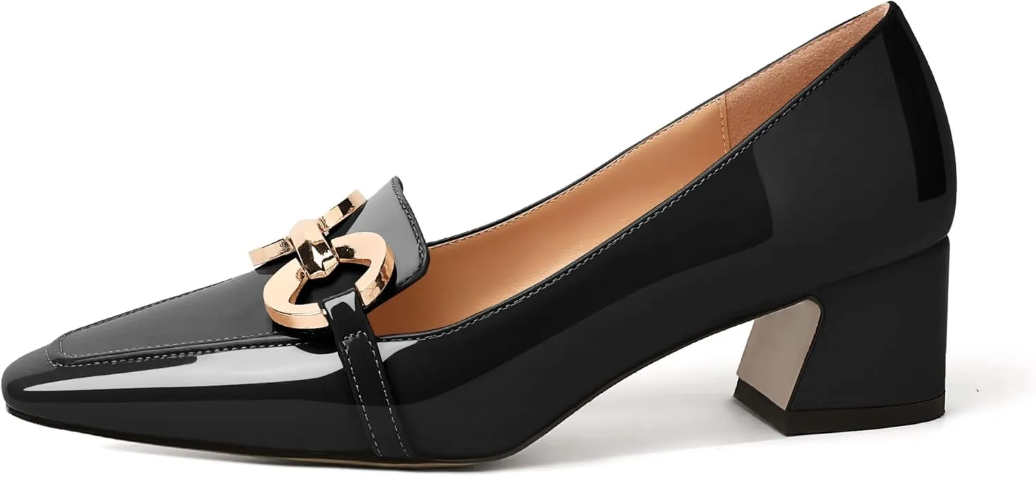 AUMOTED Women's Heels Chunky Low Block Square Toe Dress Shoes with Gold Metal Chain Wedding Party Office Patent Summer Comfortable Pumps