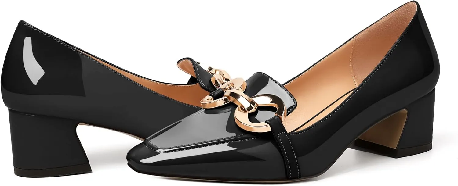 AUMOTED Women's Heels Chunky Low Block Square Toe Dress Shoes with Gold Metal Chain Wedding Party Office Patent Summer Comfortable Pumps