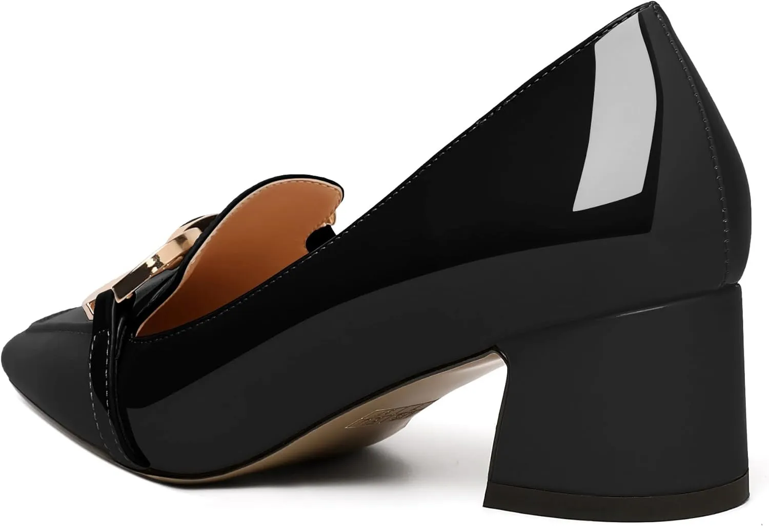 AUMOTED Women's Heels Chunky Low Block Square Toe Dress Shoes with Gold Metal Chain Wedding Party Office Patent Summer Comfortable Pumps