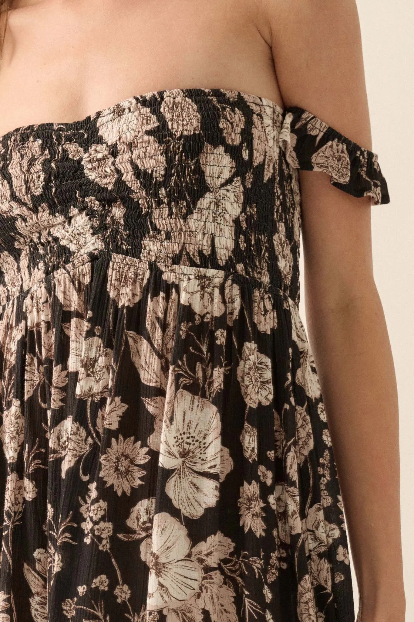 Chic Petals Smocked Floral Off-Shoulder Maxi Dress