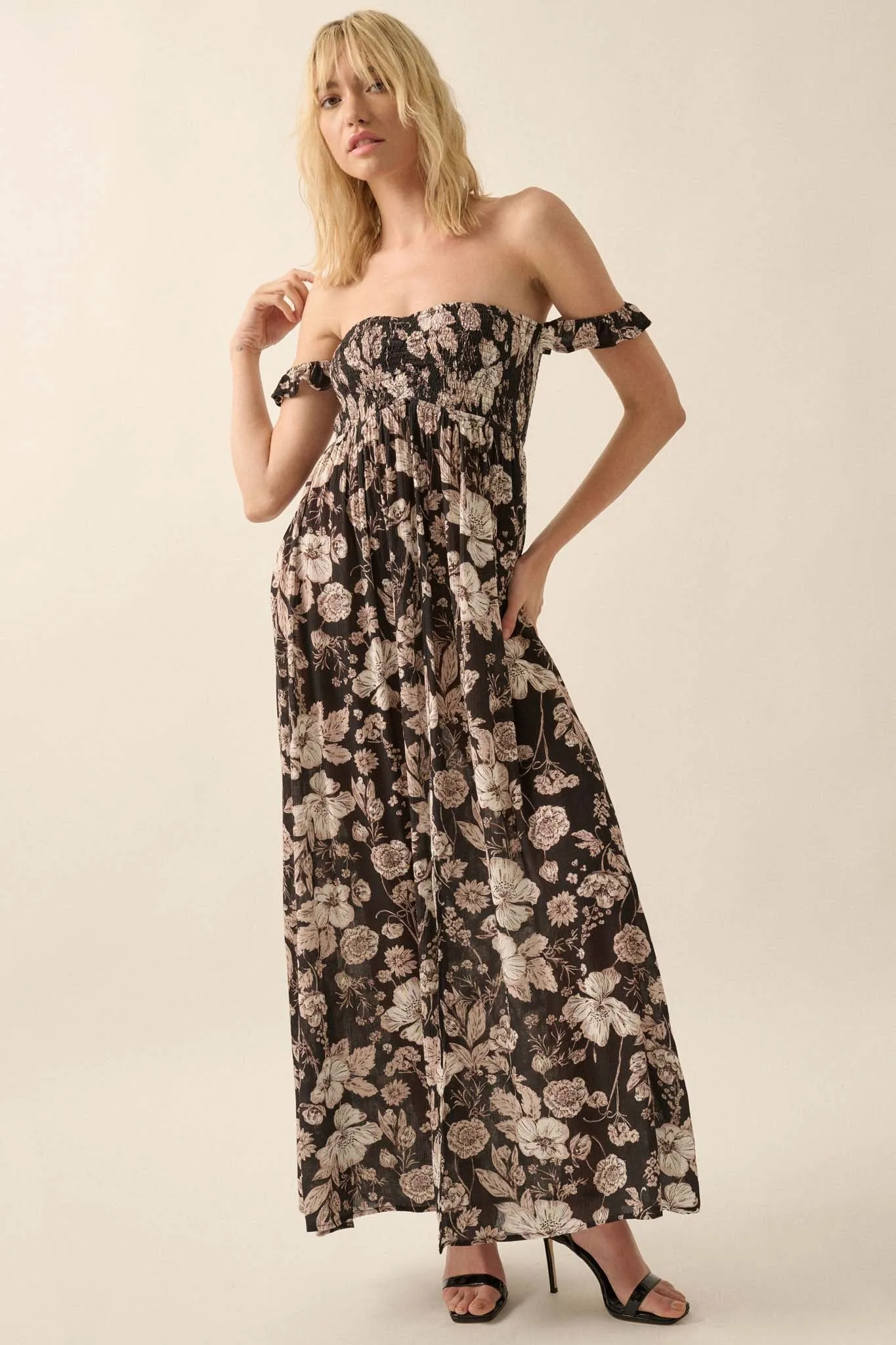 Chic Petals Smocked Floral Off-Shoulder Maxi Dress