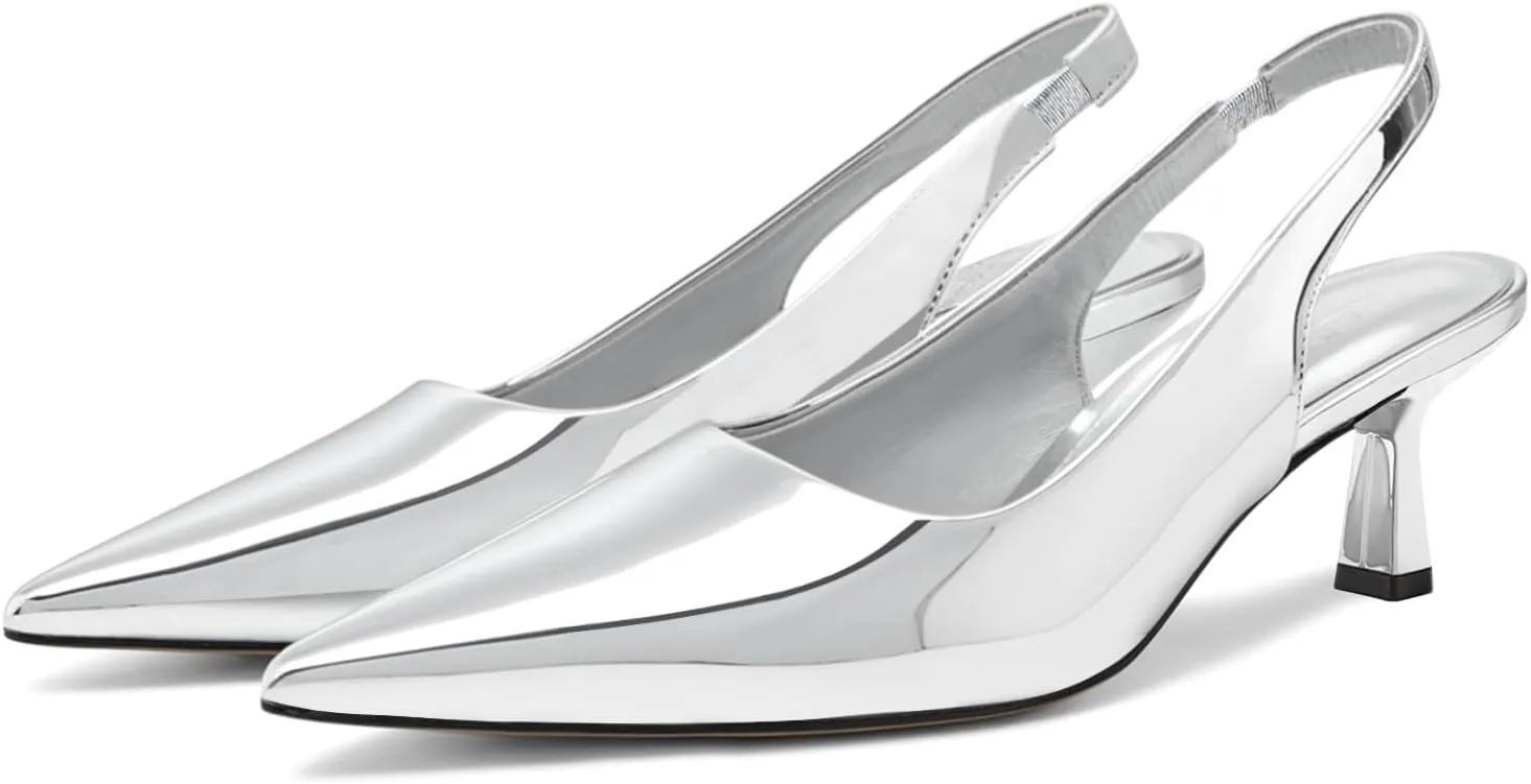 DREAMCIA Women's Pumps Slingback Heels Pointed Toe Sling Back Kitten Heels Women Metallic Slingback Pumps Bride Dresses Wedding Shoes