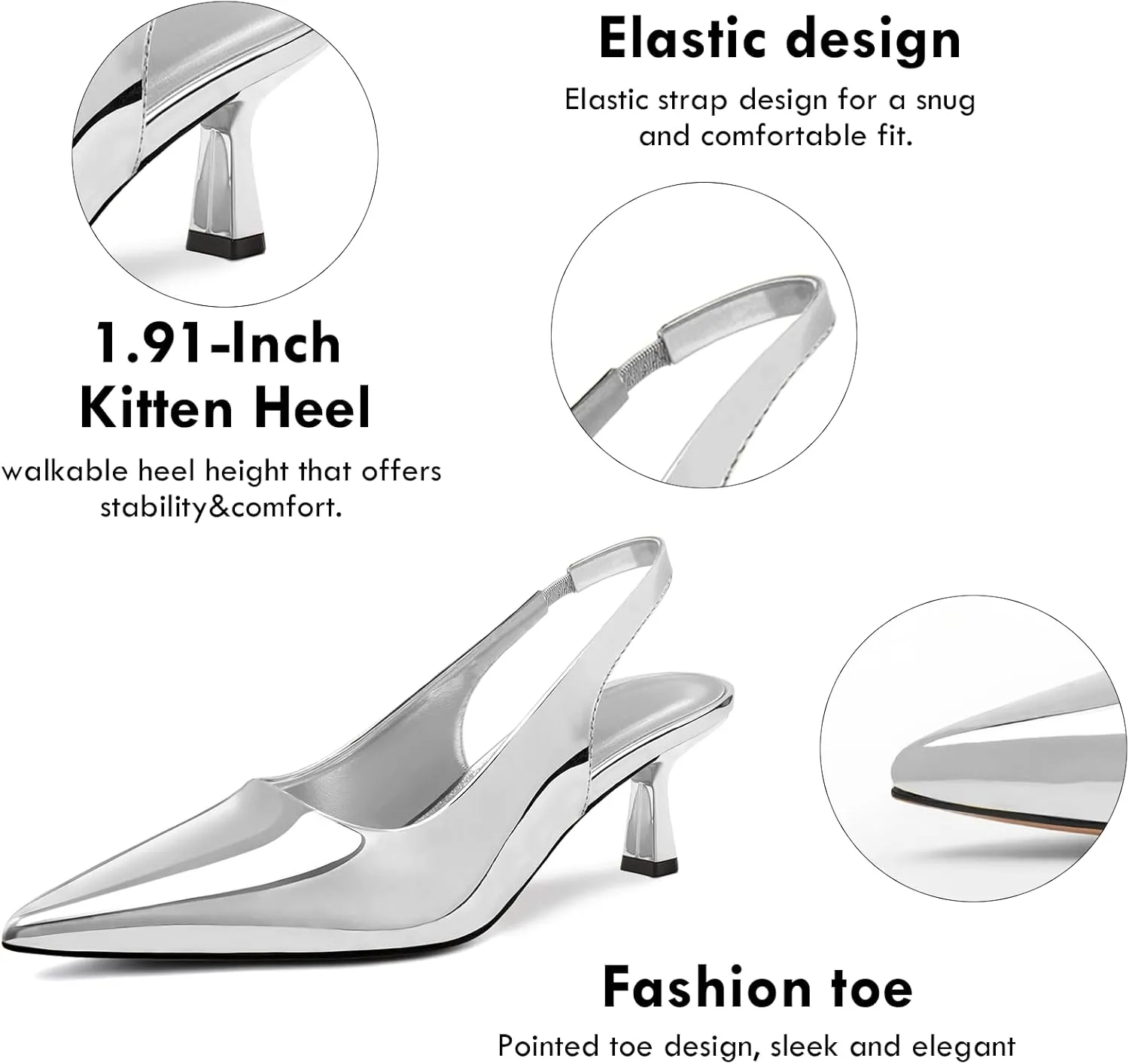 DREAMCIA Women's Pumps Slingback Heels Pointed Toe Sling Back Kitten Heels Women Metallic Slingback Pumps Bride Dresses Wedding Shoes