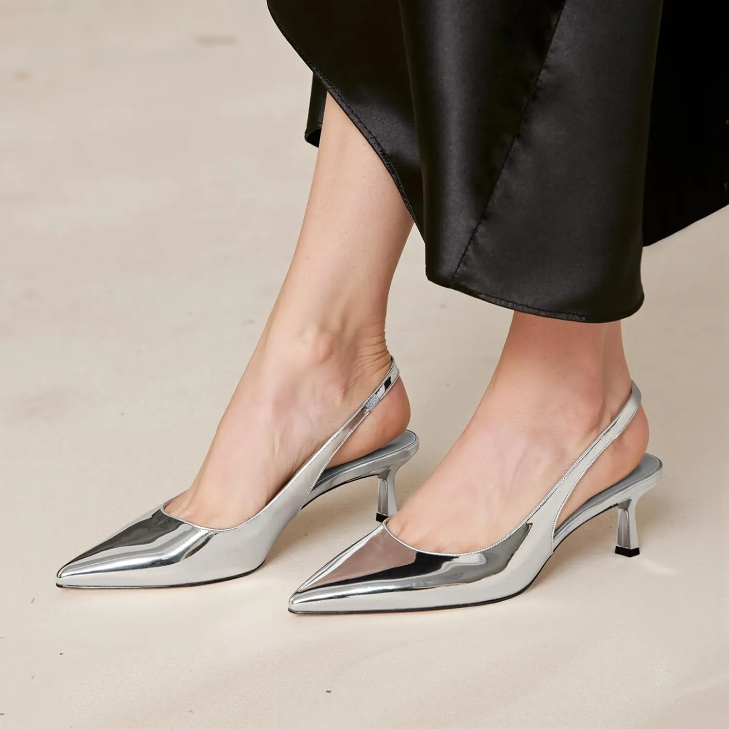 DREAMCIA Women's Pumps Slingback Heels Pointed Toe Sling Back Kitten Heels Women Metallic Slingback Pumps Bride Dresses Wedding Shoes