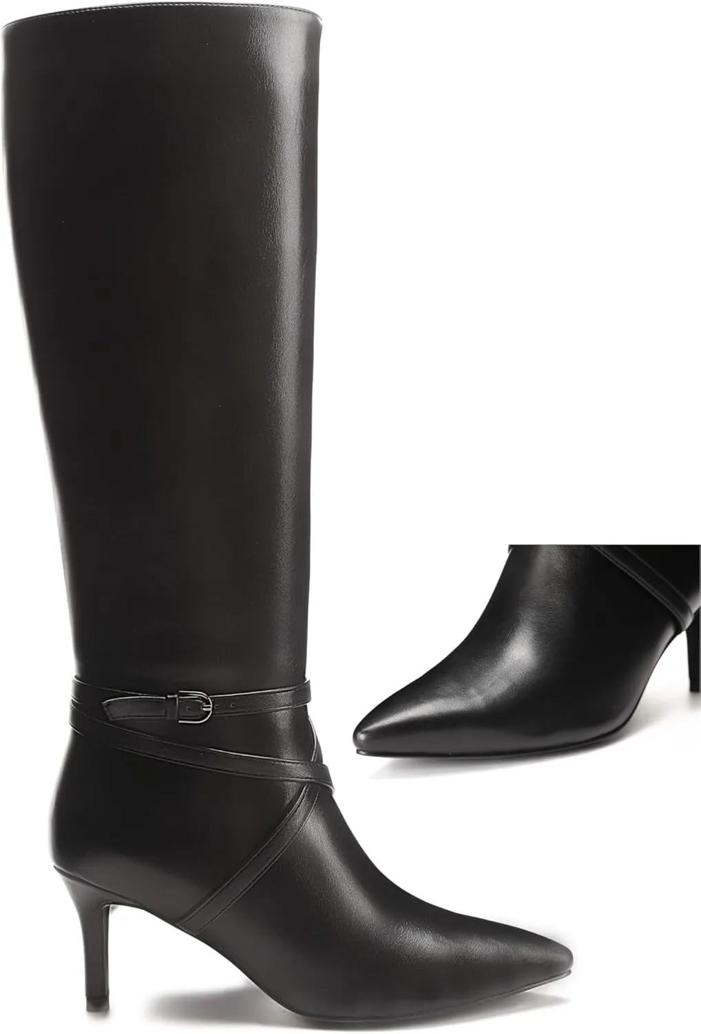 Knee High Boots for Women Strappy legs Stiletto Heel Pointed Toe Side Zipper Soft PU Leather Sexy Dress Long Boots