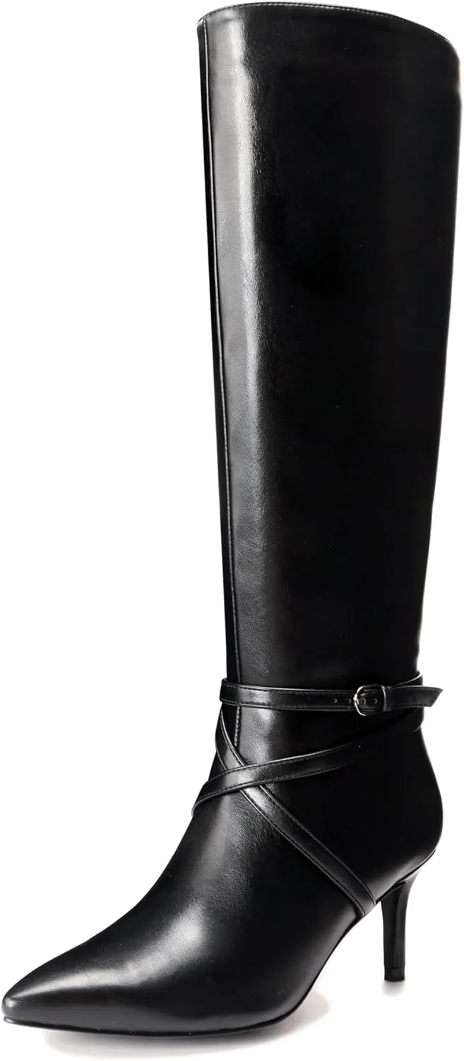Knee High Boots for Women Strappy legs Stiletto Heel Pointed Toe Side Zipper Soft PU Leather Sexy Dress Long Boots