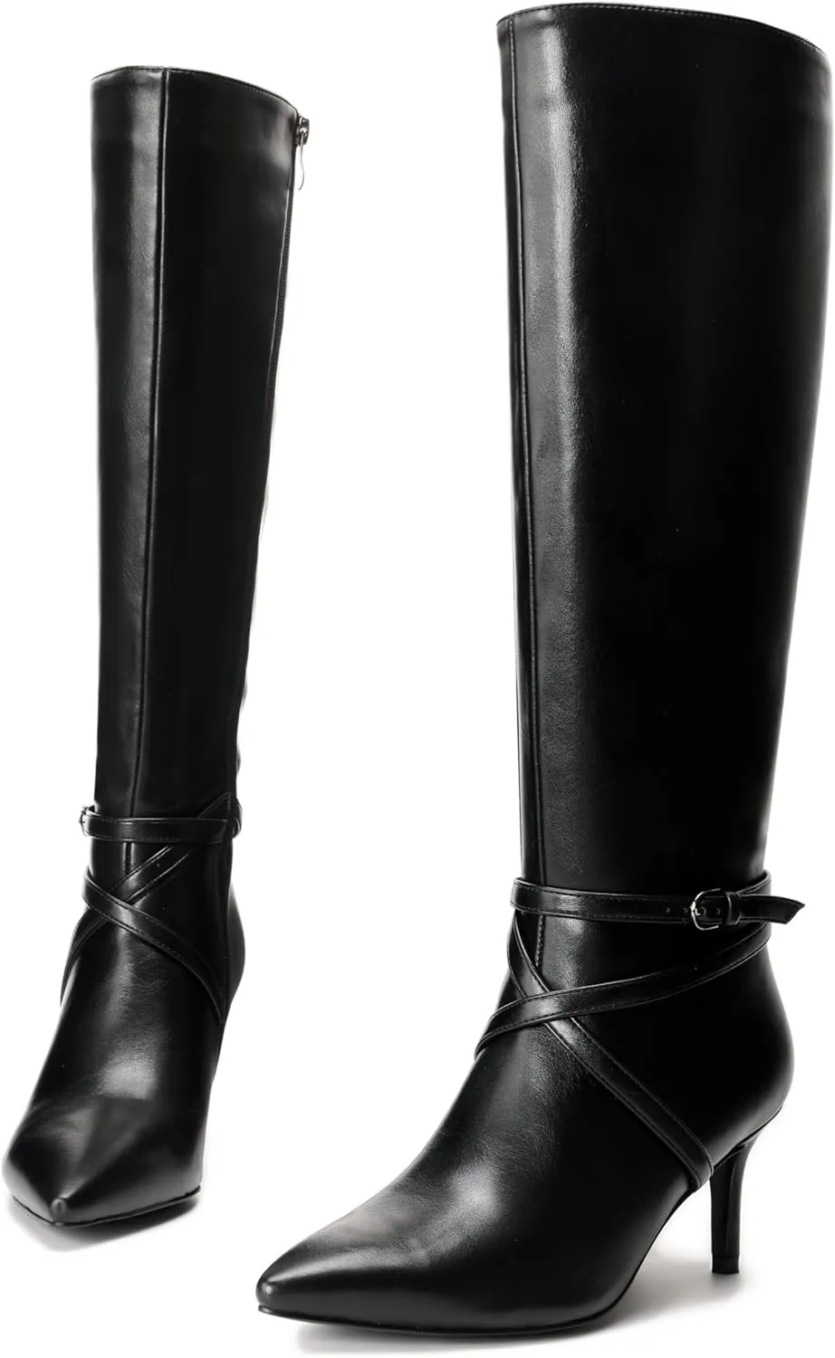 Knee High Boots for Women Strappy legs Stiletto Heel Pointed Toe Side Zipper Soft PU Leather Sexy Dress Long Boots