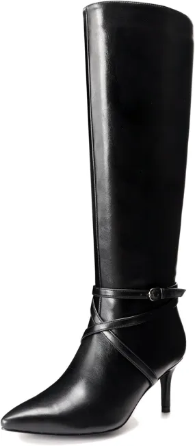 Knee High Boots for Women Strappy legs Stiletto Heel Pointed Toe Side Zipper Soft PU Leather Sexy Dress Long Boots