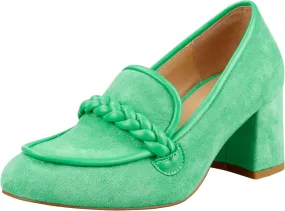 LEMUTISME Women's Elegant Faux Suede Round Toe Braided Strap Chunky Loafers Comfortable Mid Block Heel Slip On 2IN Dress Pumps Shoes for Work Office