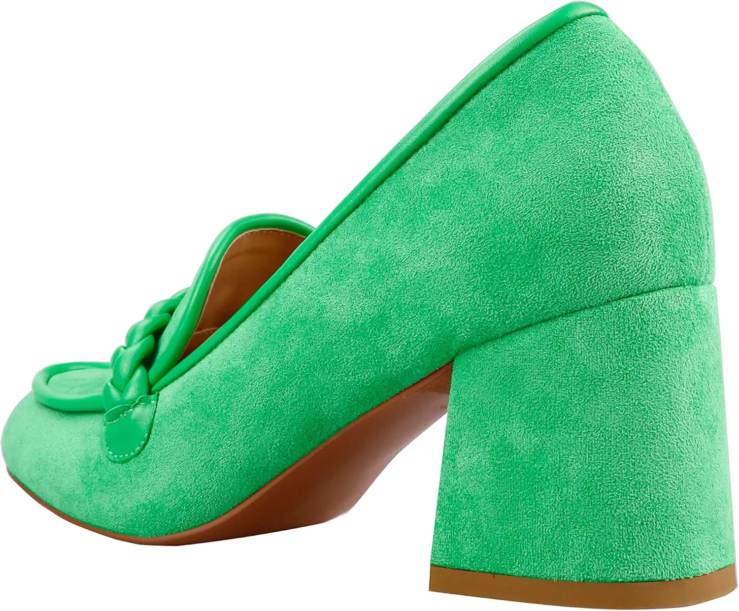 LEMUTISME Women's Elegant Faux Suede Round Toe Braided Strap Chunky Loafers Comfortable Mid Block Heel Slip On 2IN Dress Pumps Shoes for Work Office