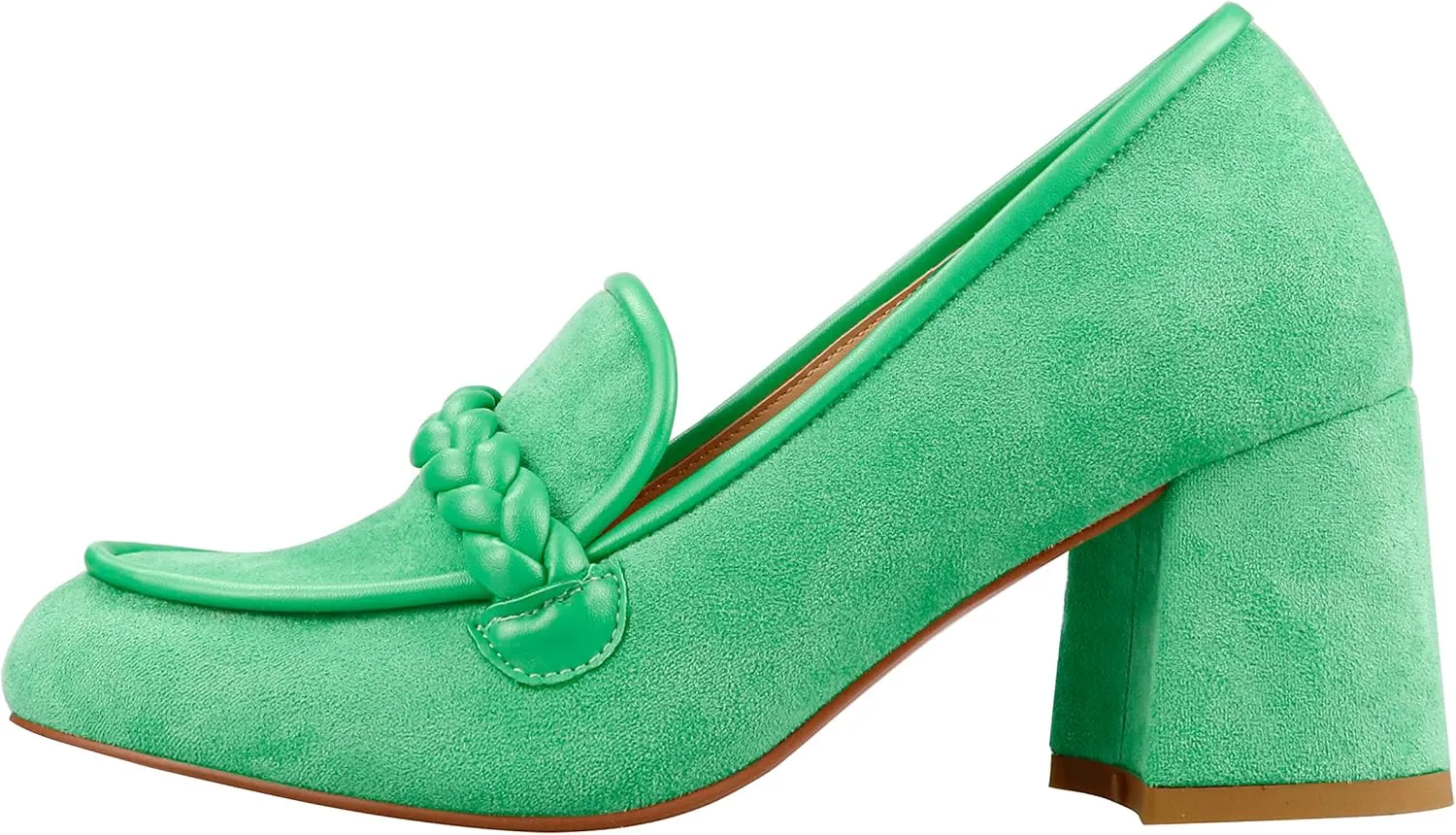 LEMUTISME Women's Elegant Faux Suede Round Toe Braided Strap Chunky Loafers Comfortable Mid Block Heel Slip On 2IN Dress Pumps Shoes for Work Office