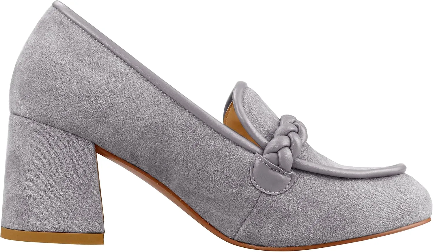 LEMUTISME Women's Elegant Faux Suede Round Toe Braided Strap Chunky Loafers Comfortable Mid Block Heel Slip On 2IN Dress Pumps Shoes for Work Office