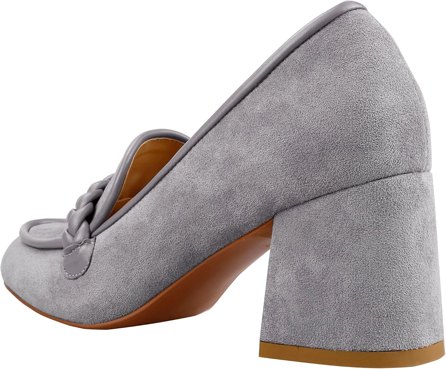 LEMUTISME Women's Elegant Faux Suede Round Toe Braided Strap Chunky Loafers Comfortable Mid Block Heel Slip On 2IN Dress Pumps Shoes for Work Office