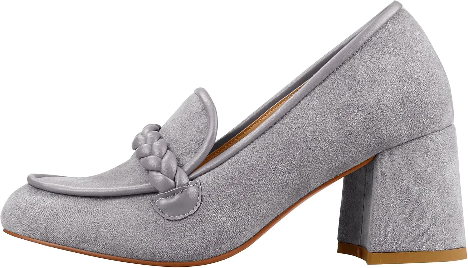 LEMUTISME Women's Elegant Faux Suede Round Toe Braided Strap Chunky Loafers Comfortable Mid Block Heel Slip On 2IN Dress Pumps Shoes for Work Office