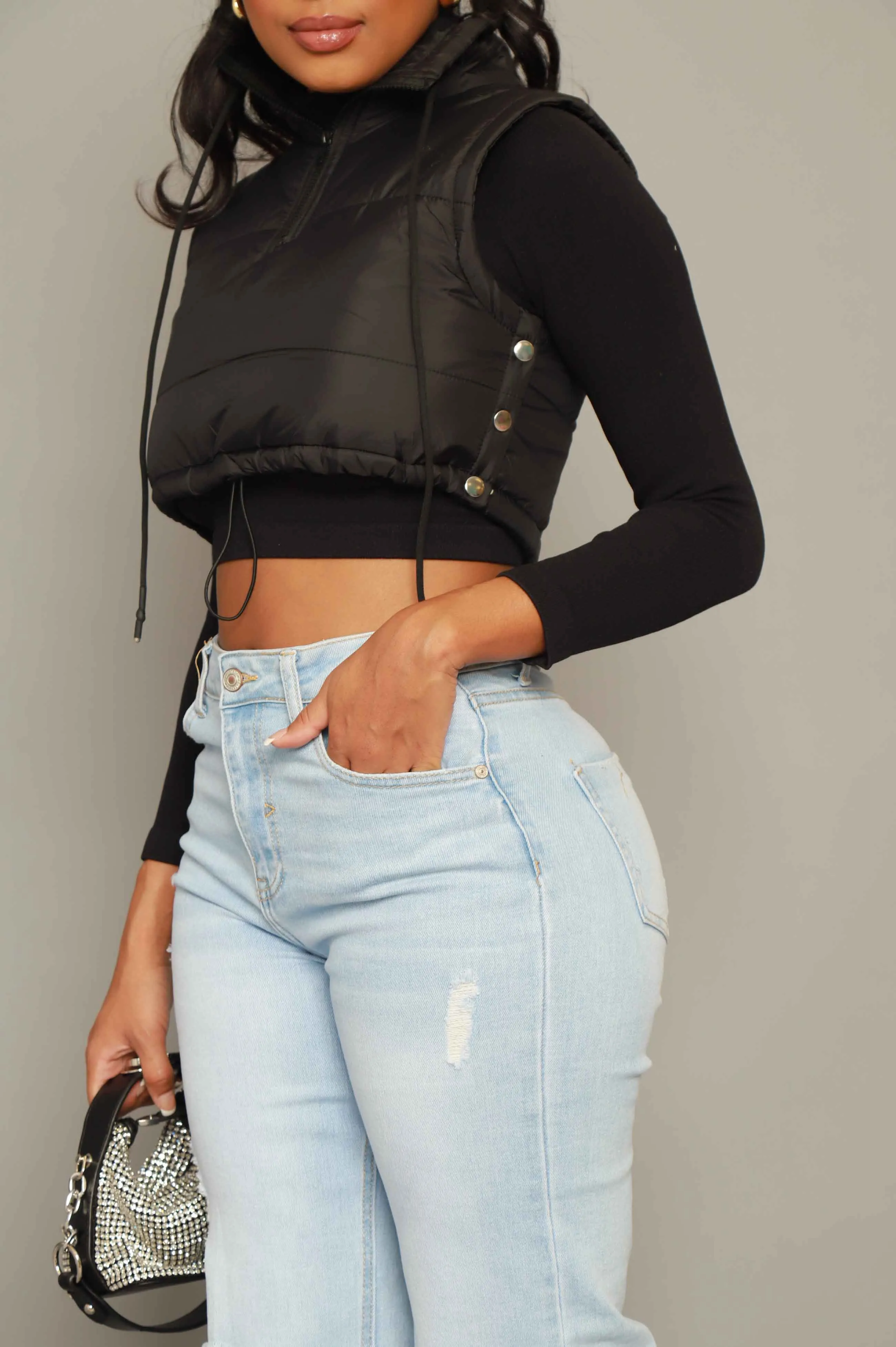 Mark My Words Adjustable Cropped Puffer Vest - Black