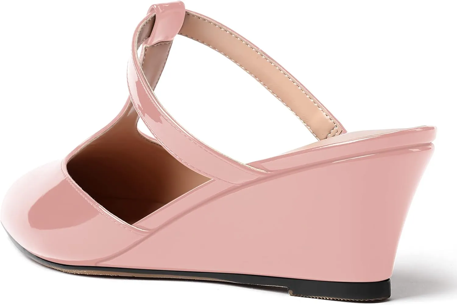 MODENCOCO Women's Comfortable Slip On Dress Pointed Toe T Strap Patent Party Wedge Low Heel Pumps Shoes 2 Inch