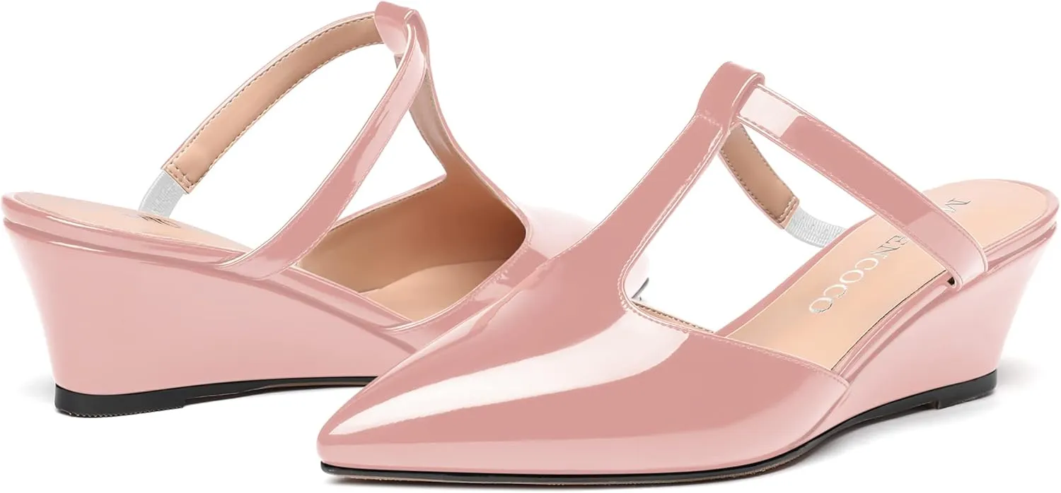 MODENCOCO Women's Comfortable Slip On Dress Pointed Toe T Strap Patent Party Wedge Low Heel Pumps Shoes 2 Inch