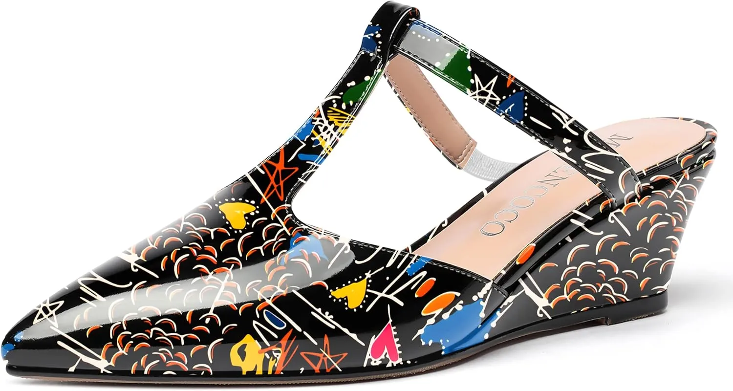 MODENCOCO Women's Comfortable Slip On Dress Pointed Toe T Strap Patent Party Wedge Low Heel Pumps Shoes 2 Inch