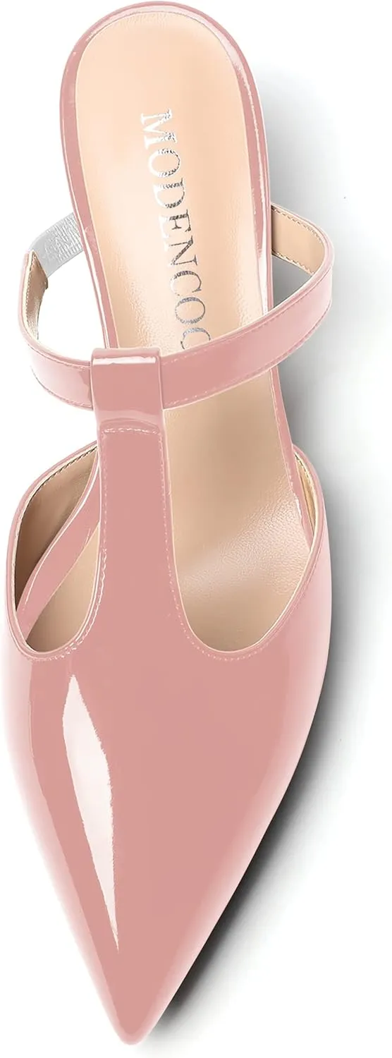 MODENCOCO Women's Comfortable Slip On Dress Pointed Toe T Strap Patent Party Wedge Low Heel Pumps Shoes 2 Inch