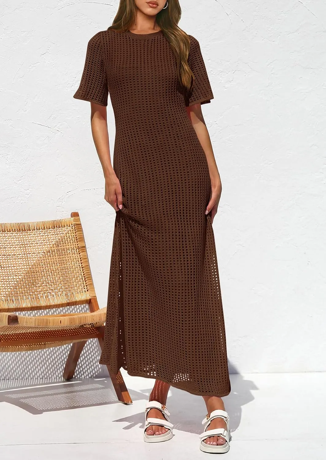 PRETTYGARDEN Womens Eyelet Cover Up Dress 2025 Summer Vacation Resort Maxi Dresses Beach Short Sleeve Hollow Out Sundress