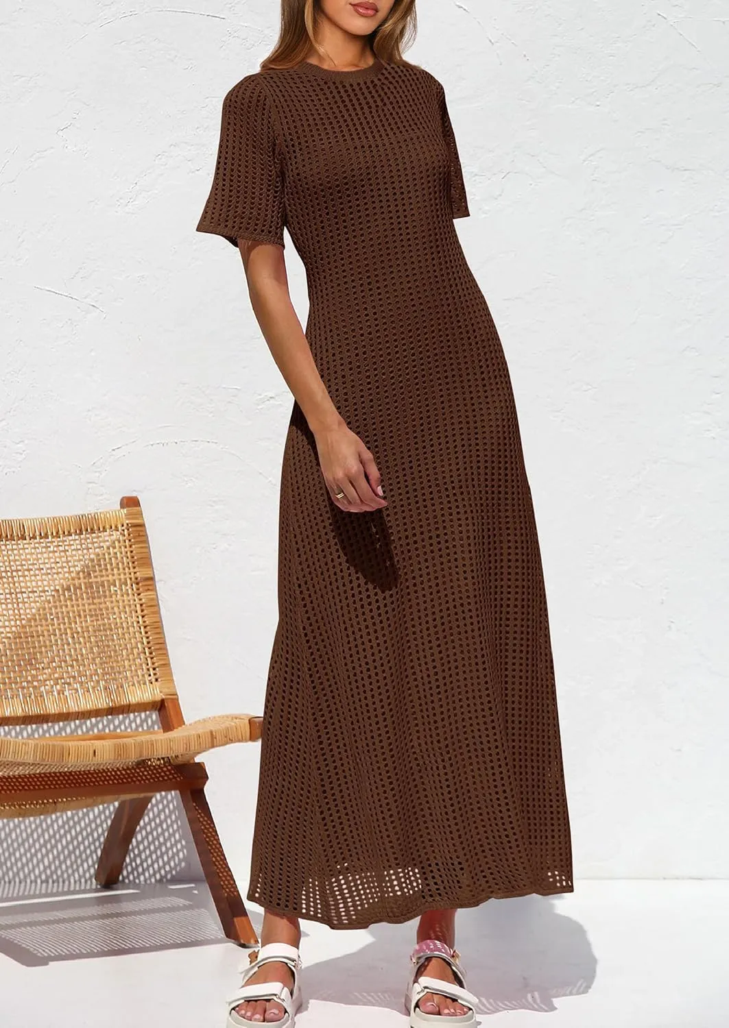PRETTYGARDEN Womens Eyelet Cover Up Dress 2025 Summer Vacation Resort Maxi Dresses Beach Short Sleeve Hollow Out Sundress