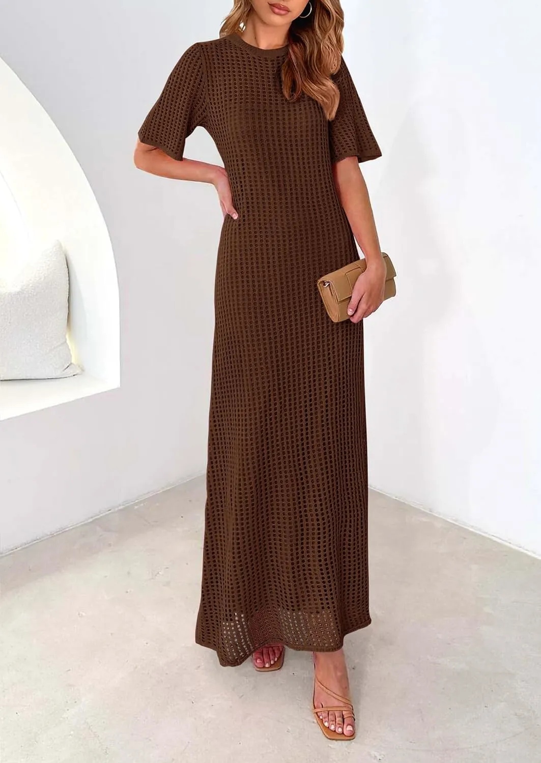 PRETTYGARDEN Womens Eyelet Cover Up Dress 2025 Summer Vacation Resort Maxi Dresses Beach Short Sleeve Hollow Out Sundress