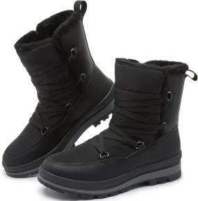 Rominz Women's Winter Snow Boots - Waterproof Black Fur Lined Warm Mid Calf Non-Slip Ankle Boots - White Lace-Up Platform