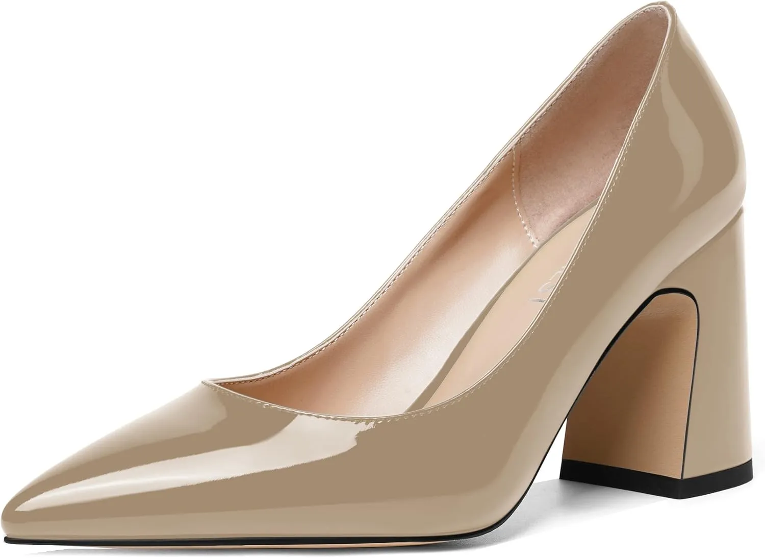 SHOWFOREST Womens Dating Pointed Toe Patent Dress Slip On Chunky High Heel Pumps Shoes 3.3 Inch