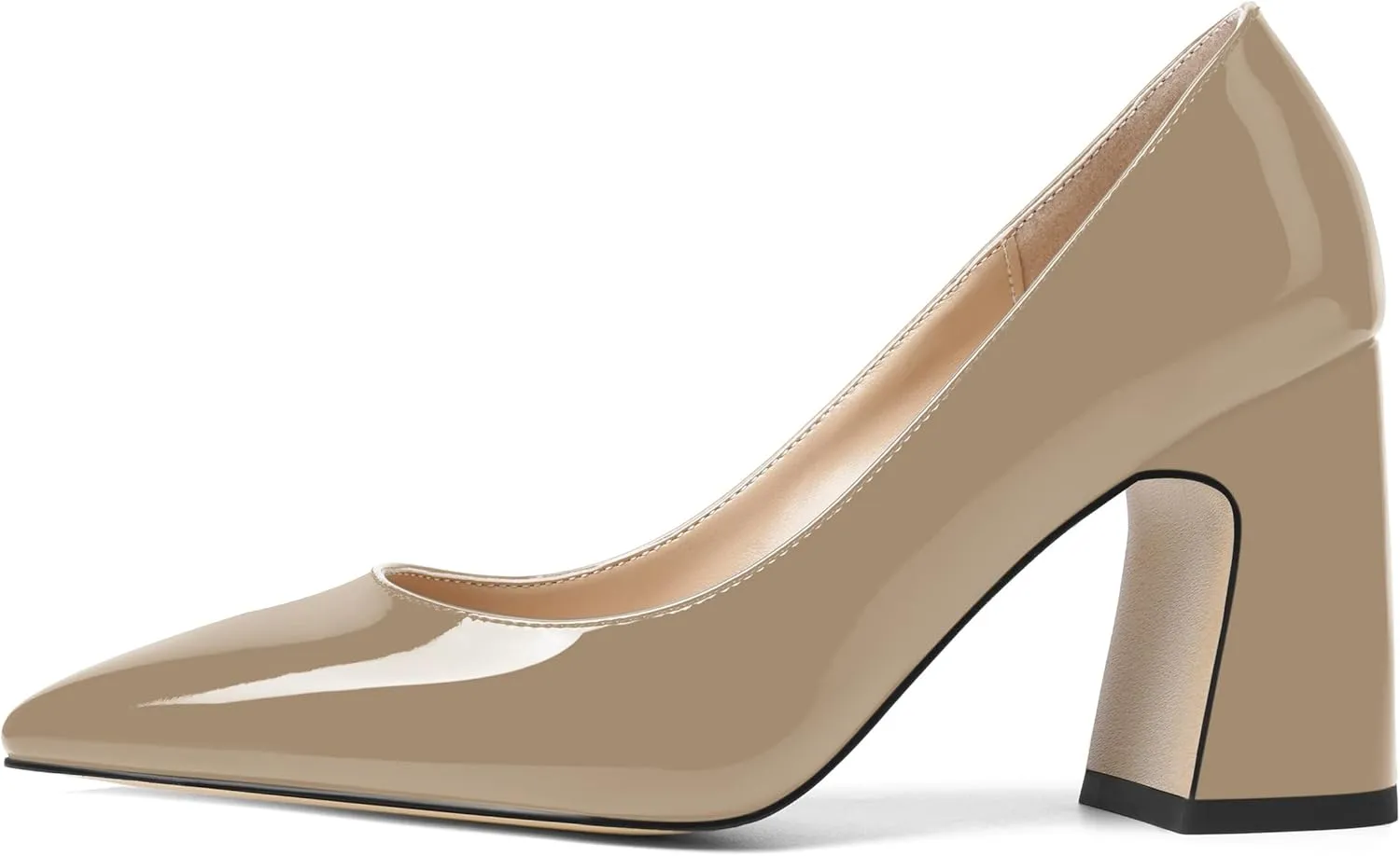 SHOWFOREST Womens Dating Pointed Toe Patent Dress Slip On Chunky High Heel Pumps Shoes 3.3 Inch