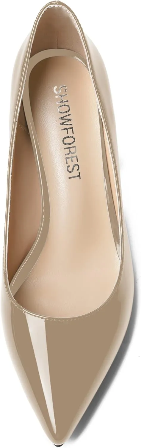 SHOWFOREST Womens Dating Pointed Toe Patent Dress Slip On Chunky High Heel Pumps Shoes 3.3 Inch