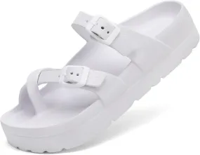 Womens Arch Support Platform Sandals Comfort Slides Thick Soles Flat Sandals With Adjustable Buckle & Ultra Cushion