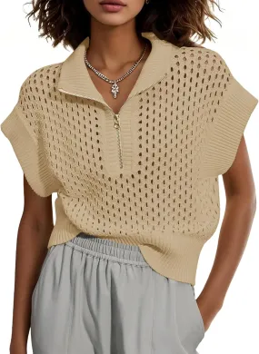Womens Hollow Out Sweater Vest Summer Casual Quarter Zip Cap Sleeve Crochet Knit Tops
