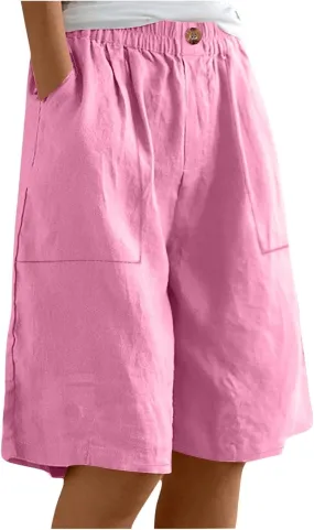Womens Linen Bermuda Shorts Knee Length High Waisted Capris with Pockets Loose Fit Wide Leg Shorts for Summer