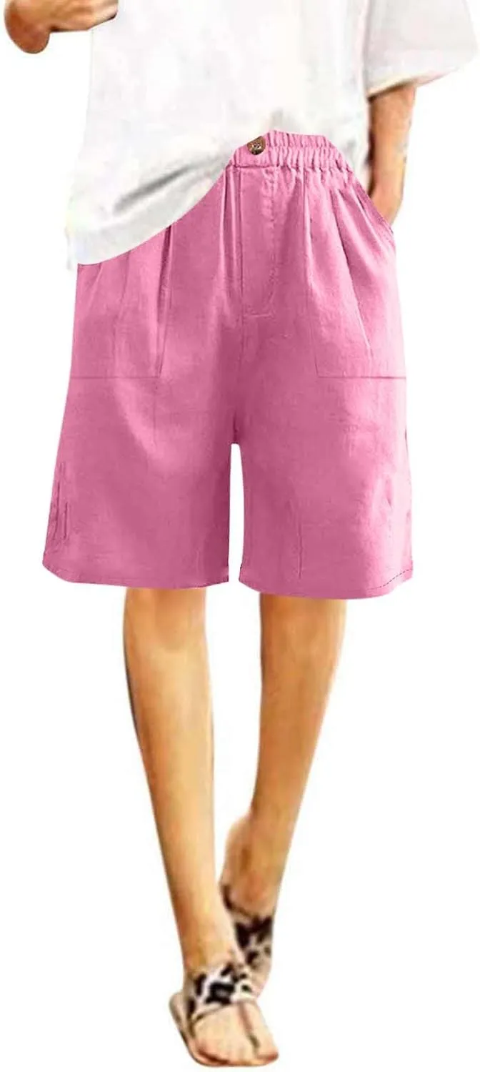 Womens Linen Bermuda Shorts Knee Length High Waisted Capris with Pockets Loose Fit Wide Leg Shorts for Summer