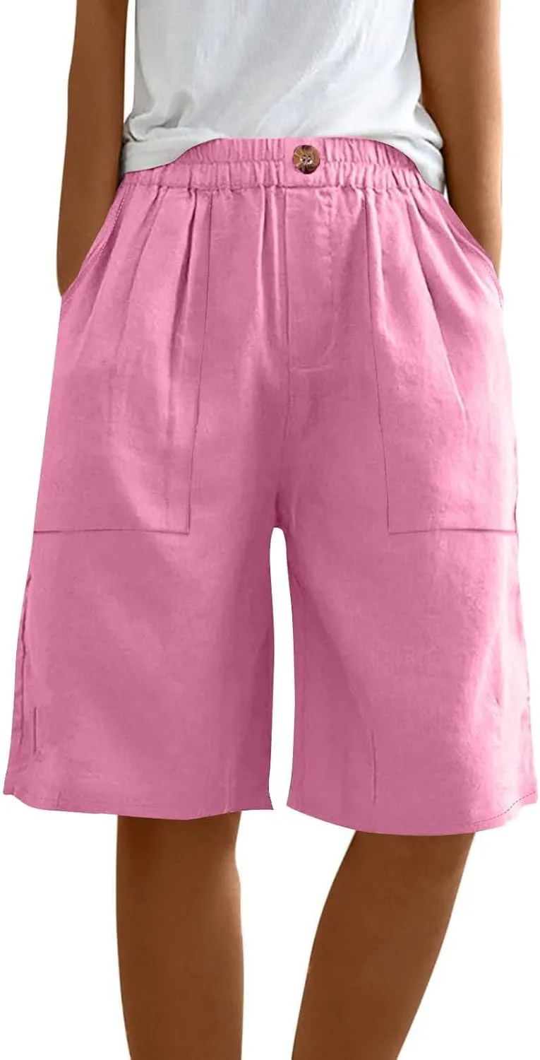 Womens Linen Bermuda Shorts Knee Length High Waisted Capris with Pockets Loose Fit Wide Leg Shorts for Summer