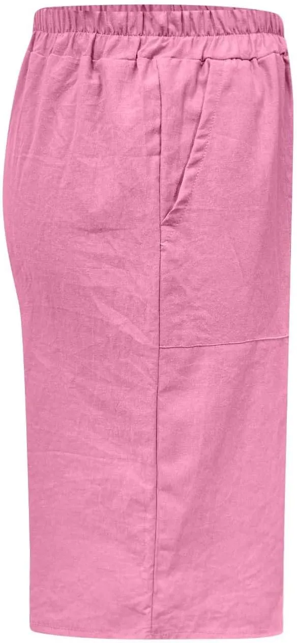 Womens Linen Bermuda Shorts Knee Length High Waisted Capris with Pockets Loose Fit Wide Leg Shorts for Summer