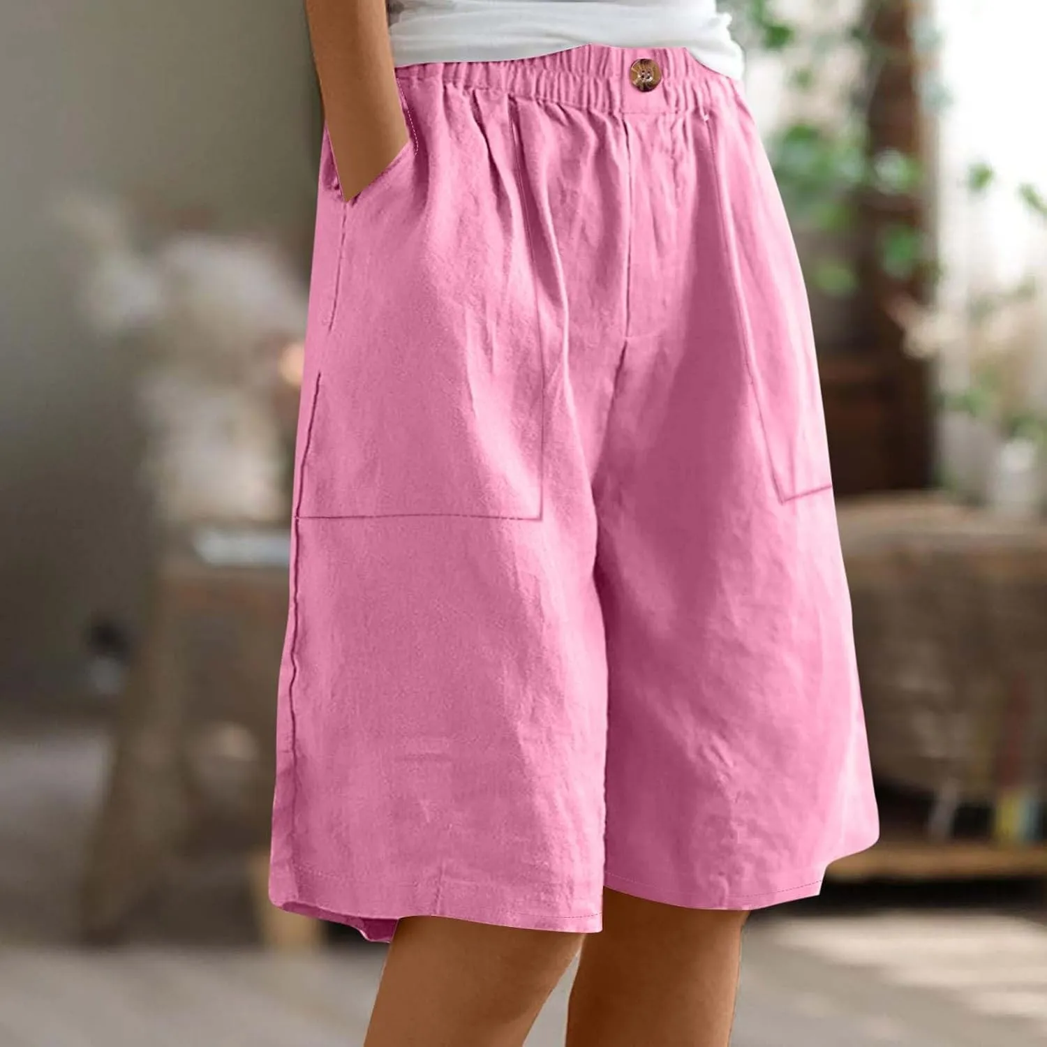 Womens Linen Bermuda Shorts Knee Length High Waisted Capris with Pockets Loose Fit Wide Leg Shorts for Summer