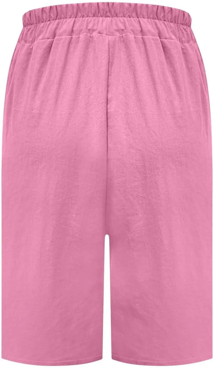 Womens Linen Bermuda Shorts Knee Length High Waisted Capris with Pockets Loose Fit Wide Leg Shorts for Summer