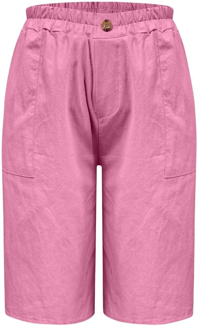 Womens Linen Bermuda Shorts Knee Length High Waisted Capris with Pockets Loose Fit Wide Leg Shorts for Summer