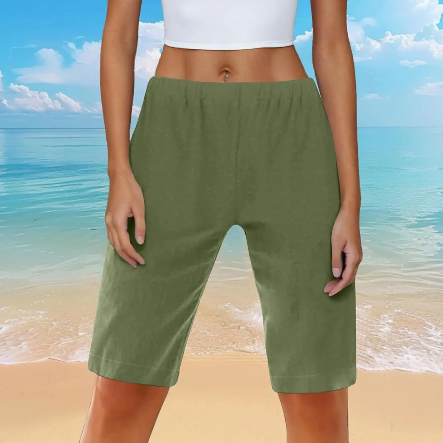 Women's Linen Bermuda Shorts Loose Fit Elastic Waist Drawstring Wide Leg Shorts Summer Casual Beach Outfits with Pocket