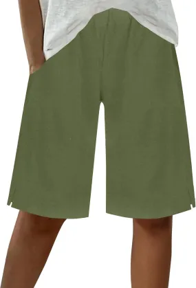 Women's Linen Bermuda Shorts Loose Fit Elastic Waist Drawstring Wide Leg Shorts Summer Casual Beach Outfits with Pocket