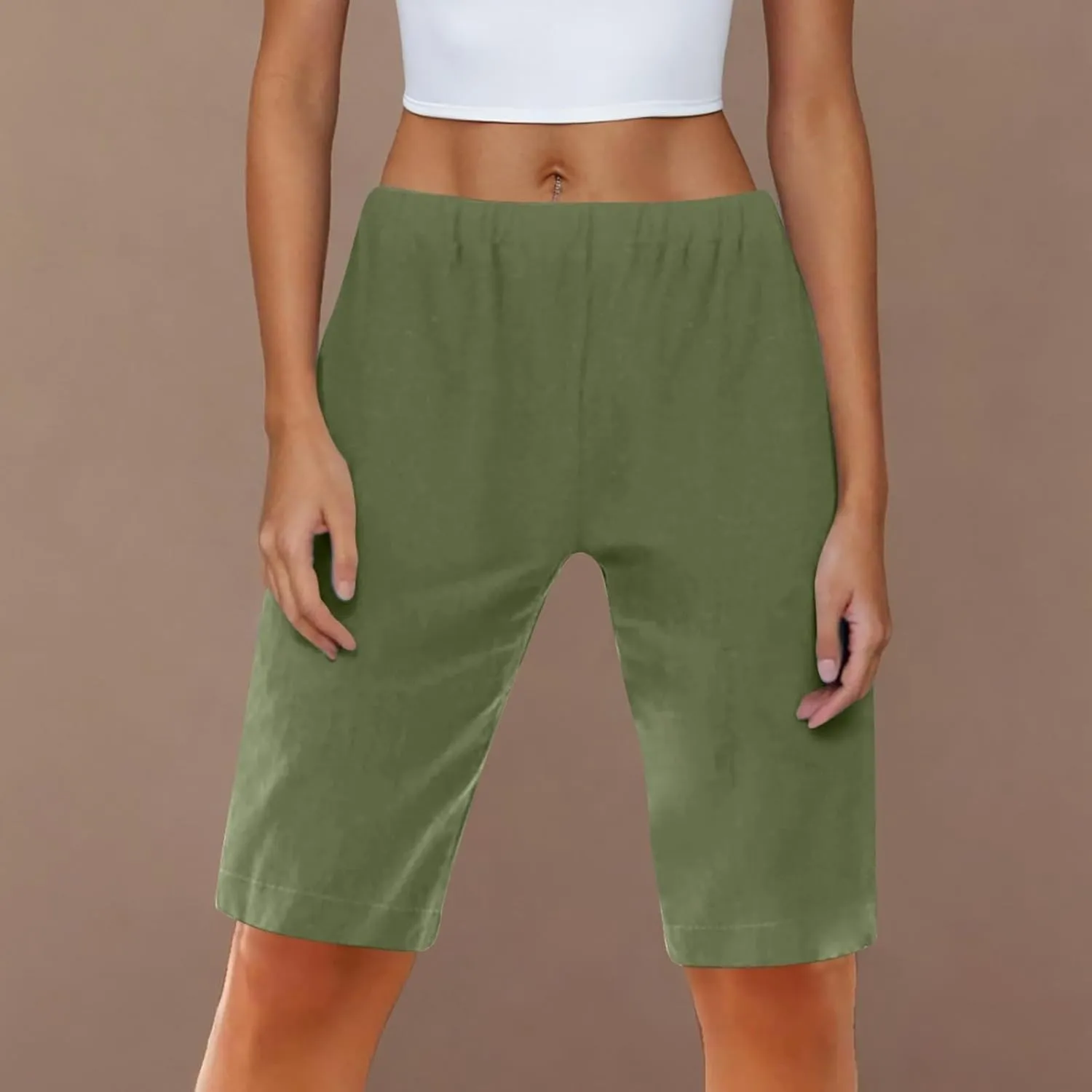 Women's Linen Bermuda Shorts Loose Fit Elastic Waist Drawstring Wide Leg Shorts Summer Casual Beach Outfits with Pocket