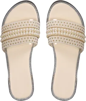 Women's Pearl Beaded Flat Sandals Dressy Round Open Toe Sandals Faux Leather Beach Slide Shoes